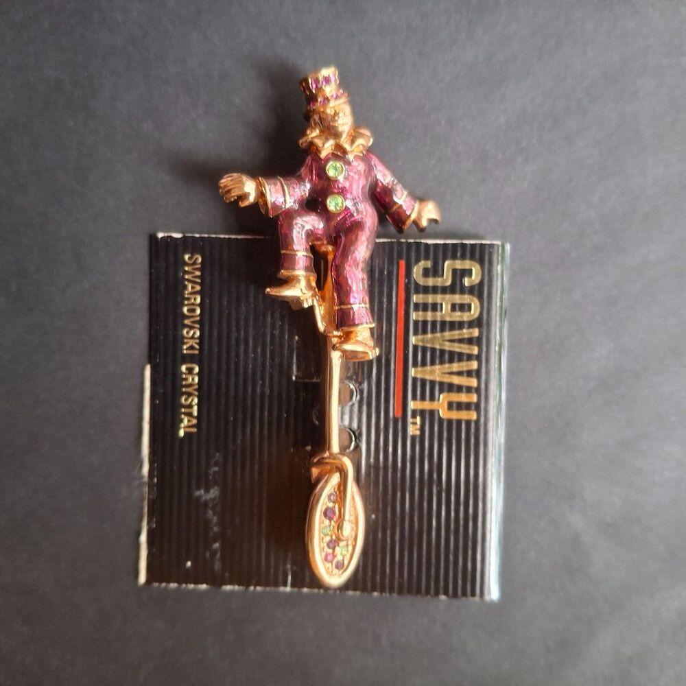 Savvy Swarovski Crystal Clown On Unicycle Purple Enamel Pin VTG 1990s New